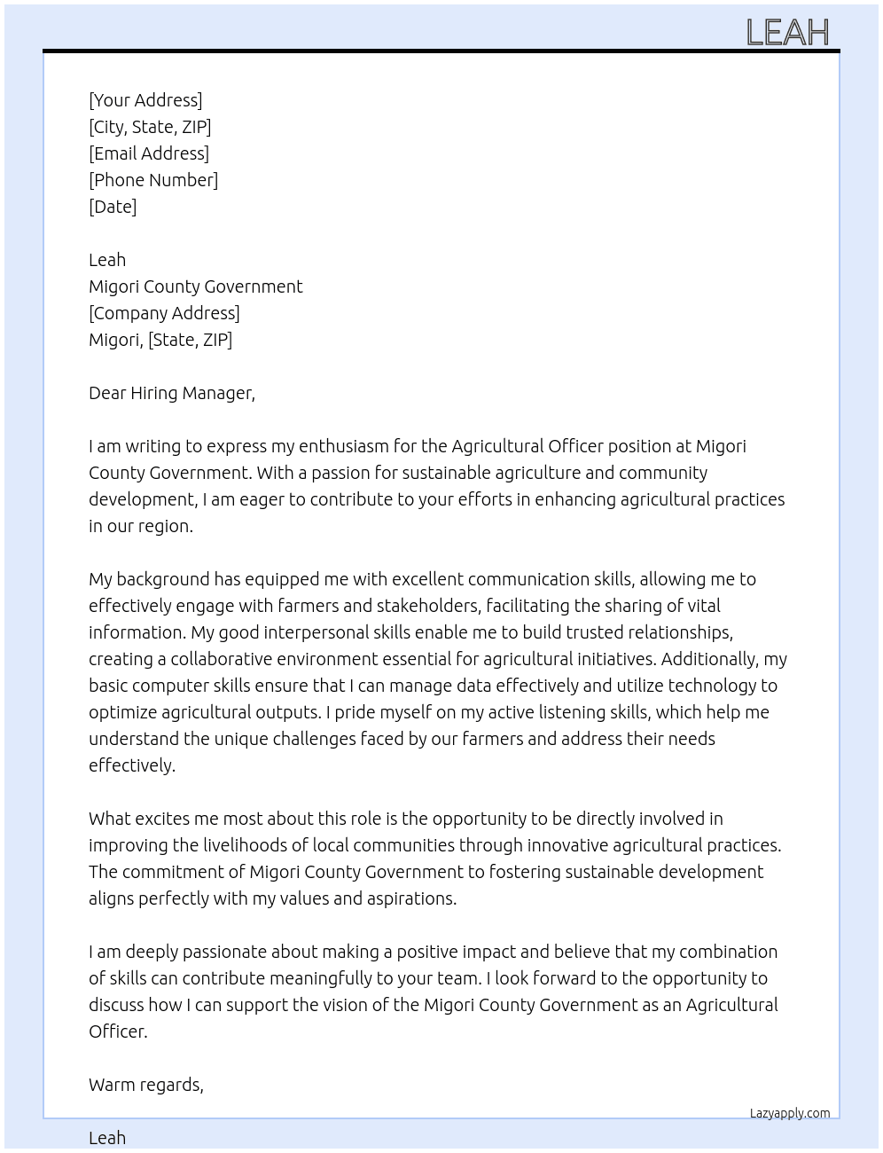 Agricultural officer At Migori county government  Cover Letter