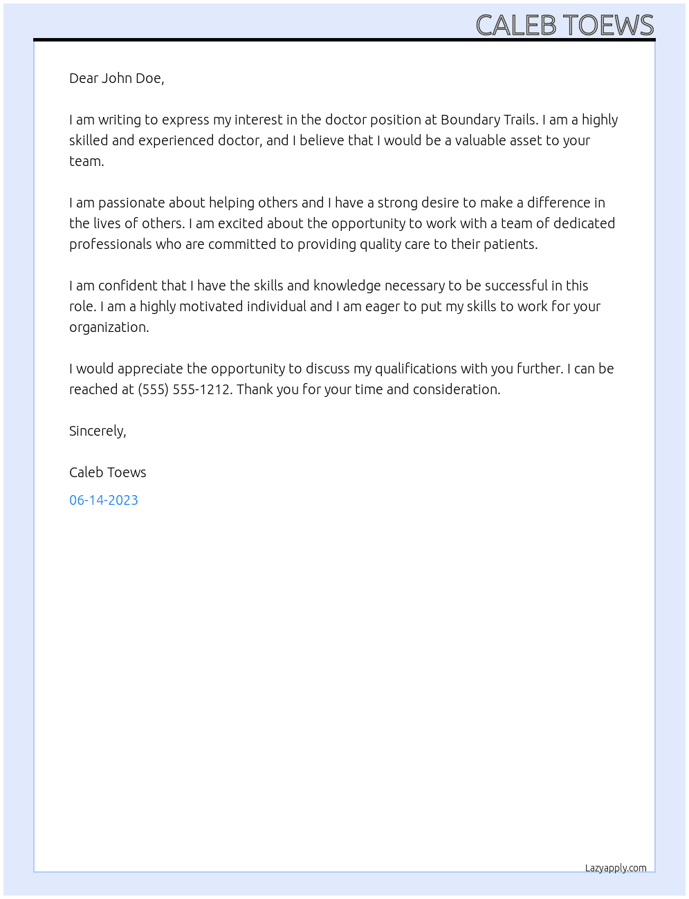 doctor At Boundary Trails Cover Letter