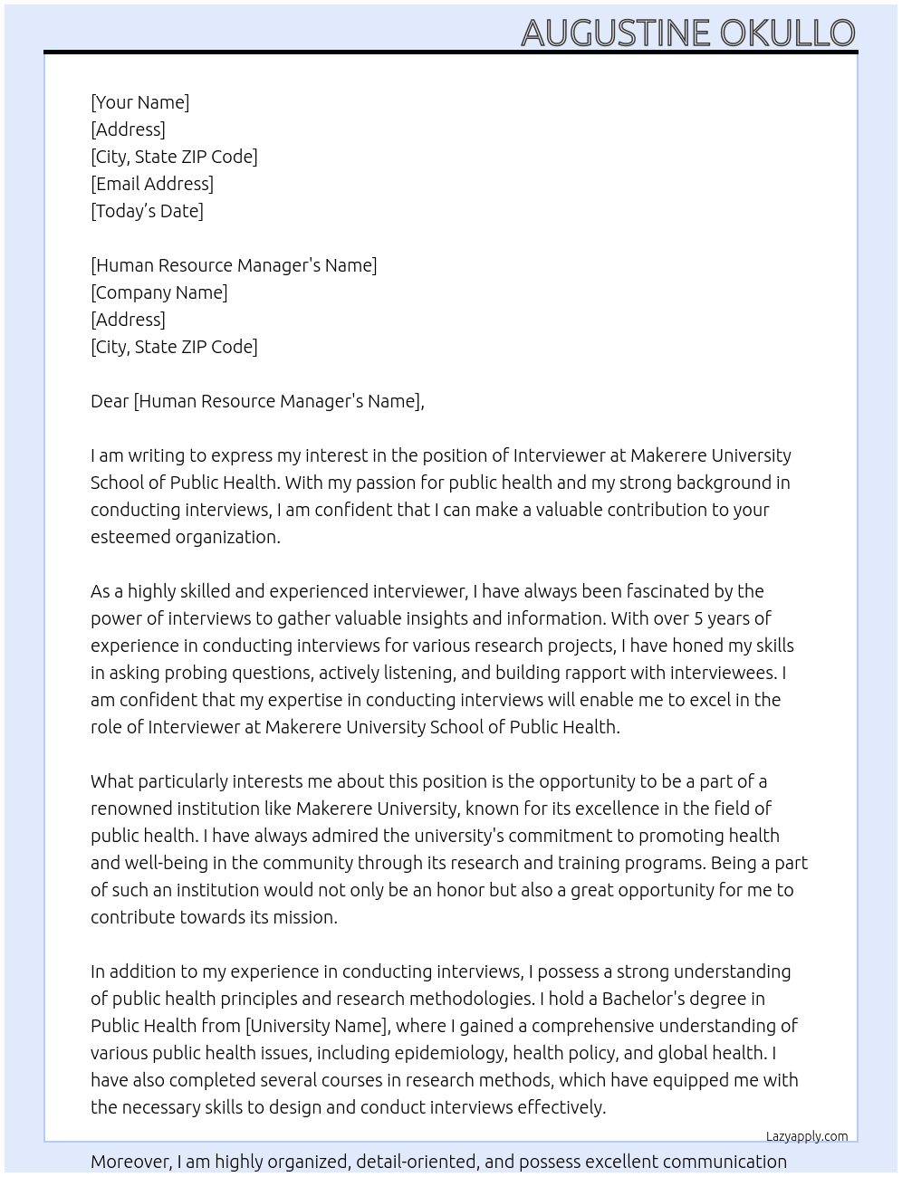 Interviewer At Makerere University School of Public Health Cover Letter