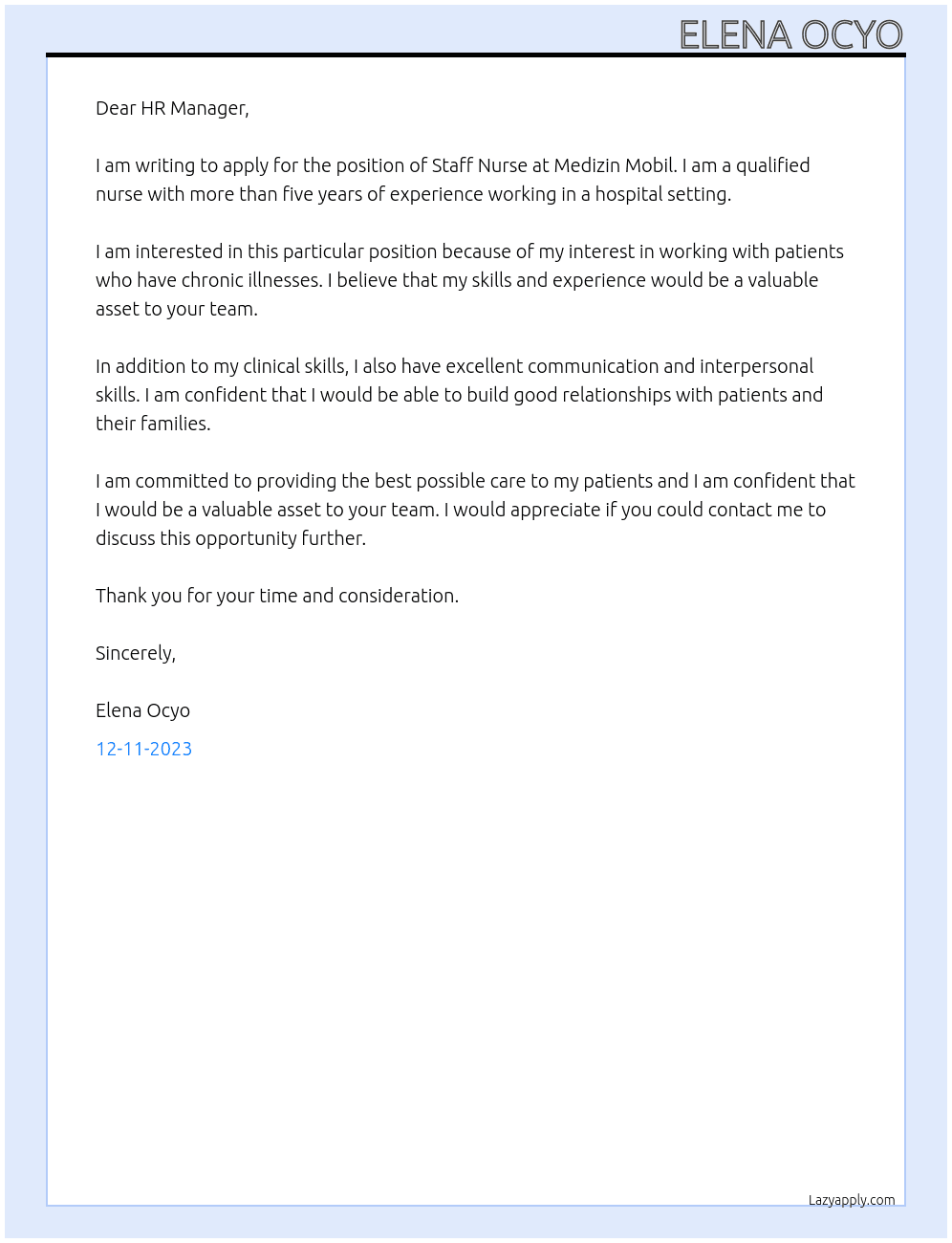 Staff Nurse At Medizin Mobil Cover Letter