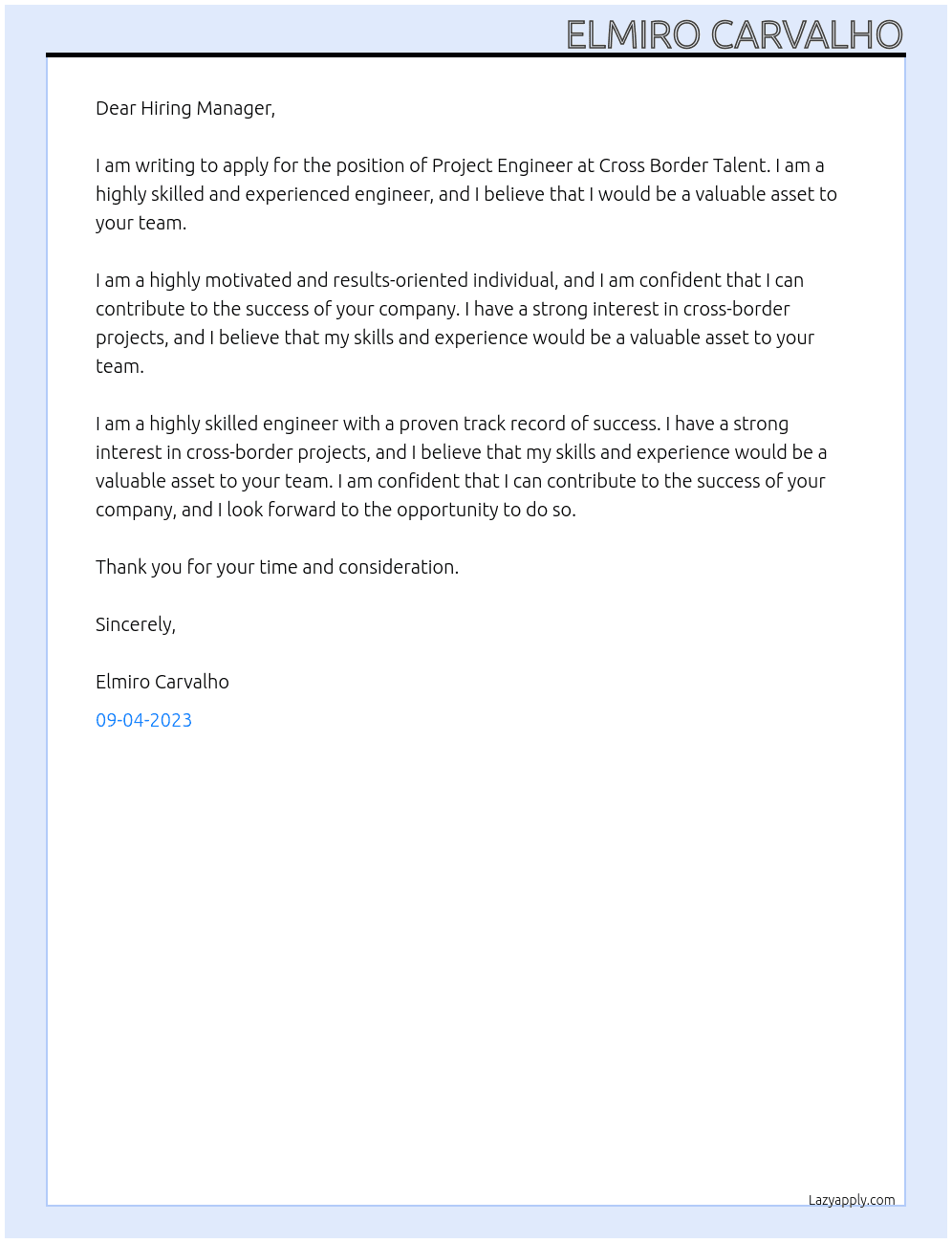 Project Engineer At Cross Border Talent Cover Letter