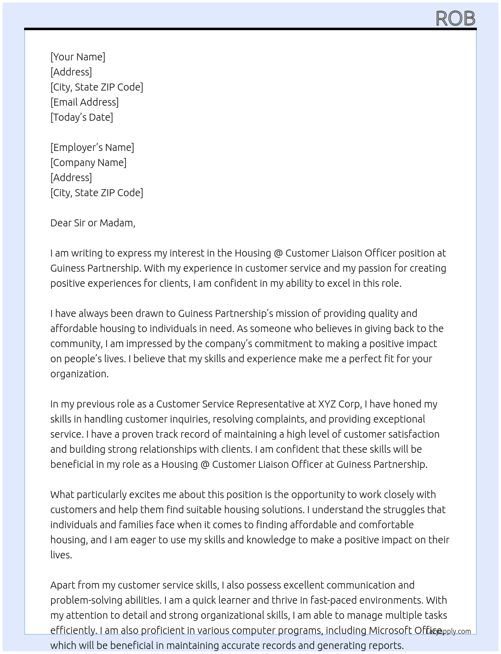 Housing @ Customer Liaison Officer At Guiness Partnership Cover Letter