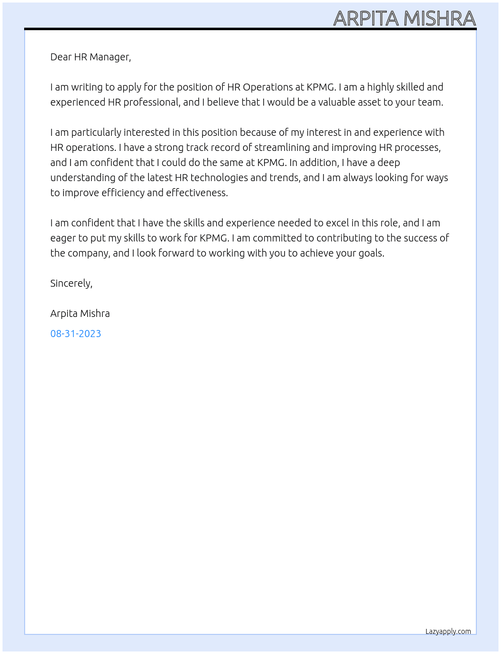 hr operations At KPMG Cover Letter