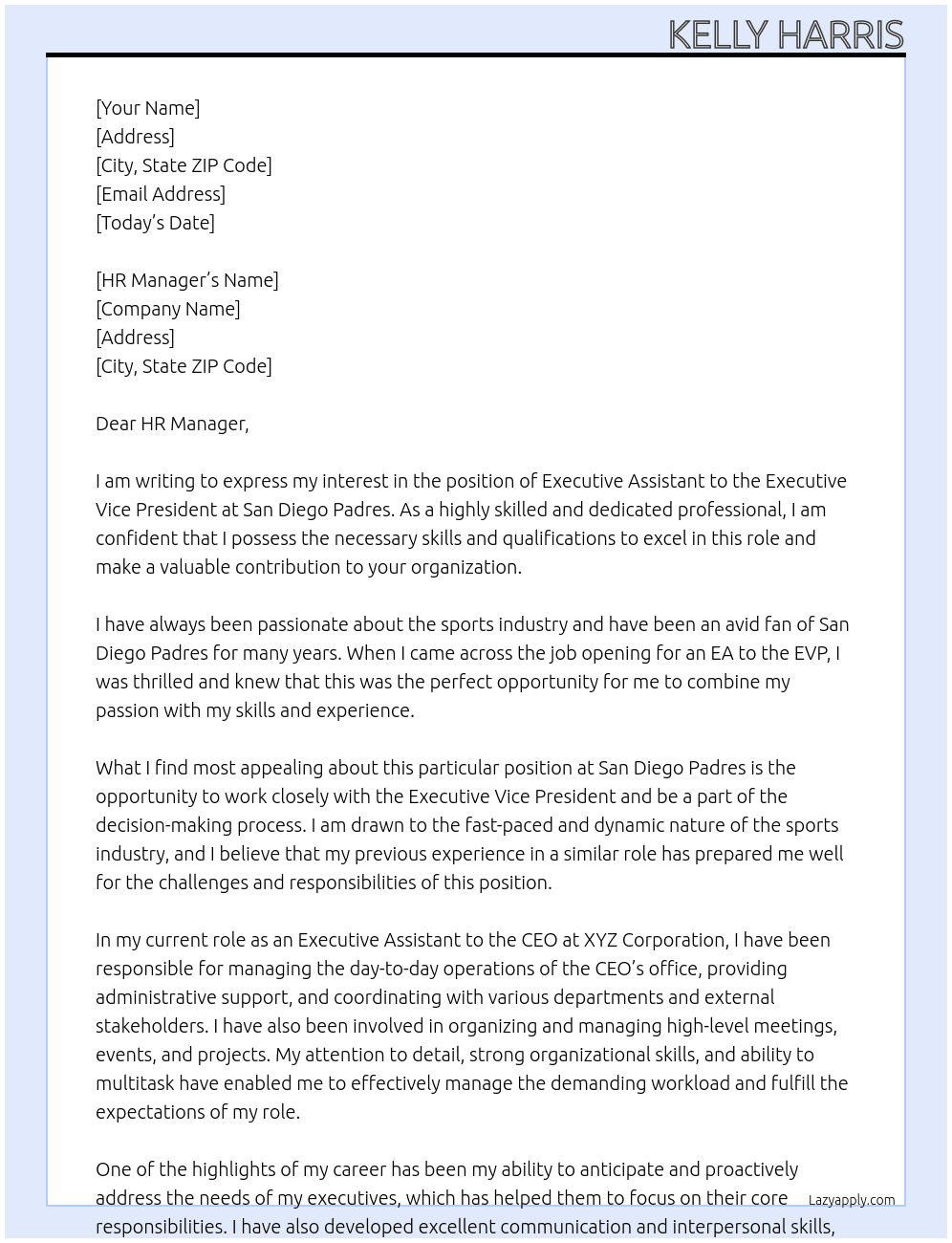 EA to EVP At San Diego Padres Cover Letter