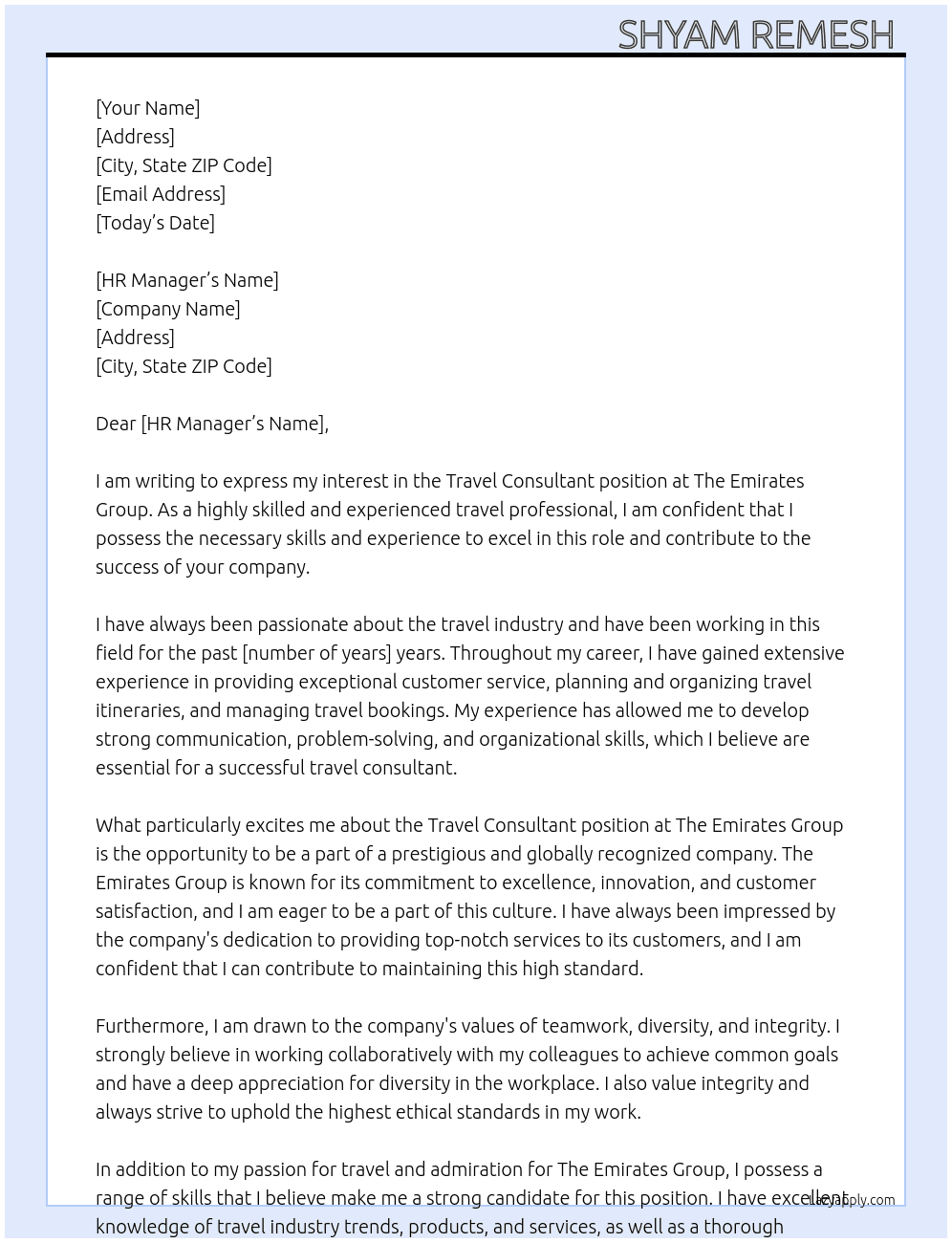 Travel consultant  At The Emirates Group Cover Letter