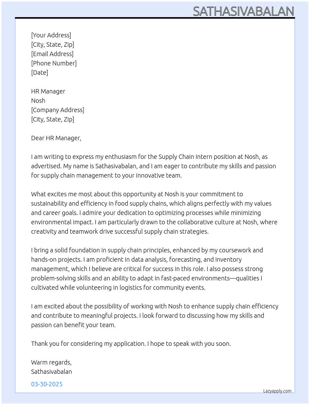 Supply Chain Intern At Nosh Cover Letter