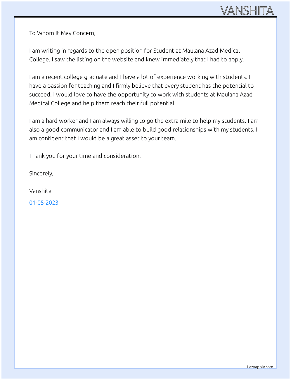 Student  At Maulana Azad Medical College  Cover Letter