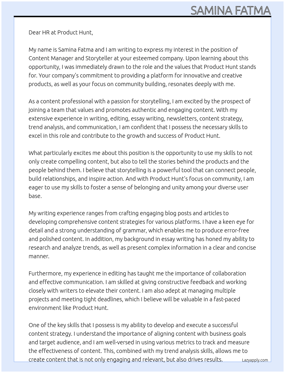 Content Manager and Storyteller At Product Hunt Cover Letter
