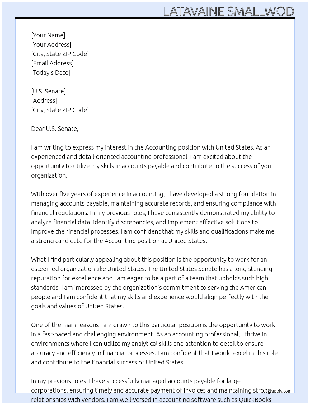 Accounting  At United States Cover Letter