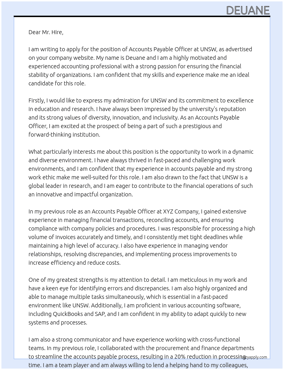 Accounts payable officer At UNSW Cover Letter