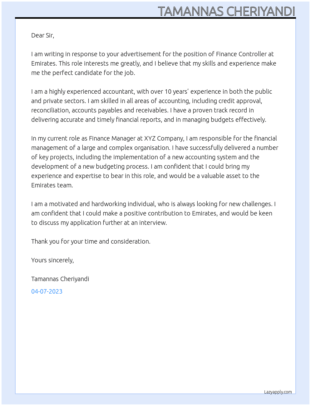 Finance Controller  At Emirates Cover Letter