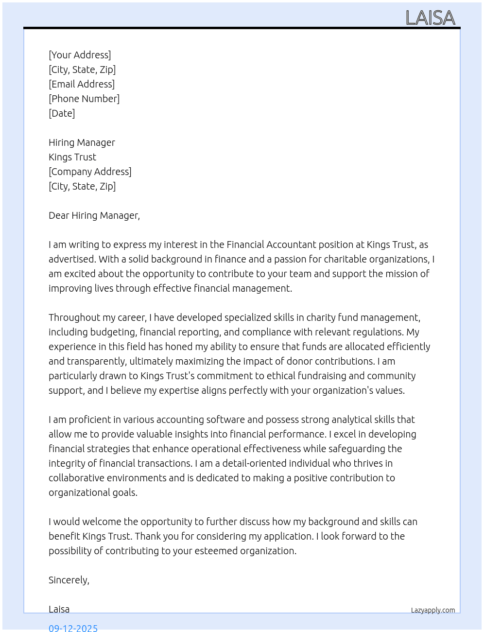 Cover letter for financial accountant - LazyApply