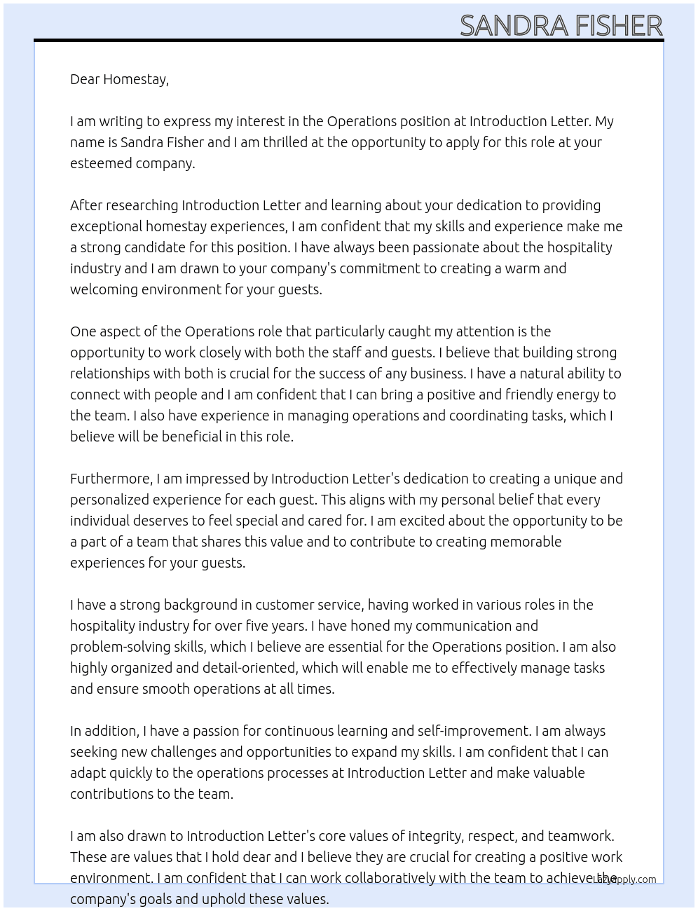 operations  At Introduction letter Cover Letter