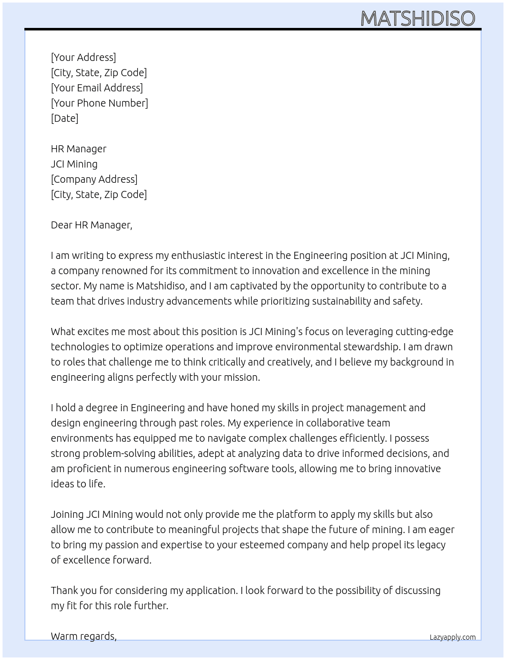 Engineering  At JCI Mining  Cover Letter