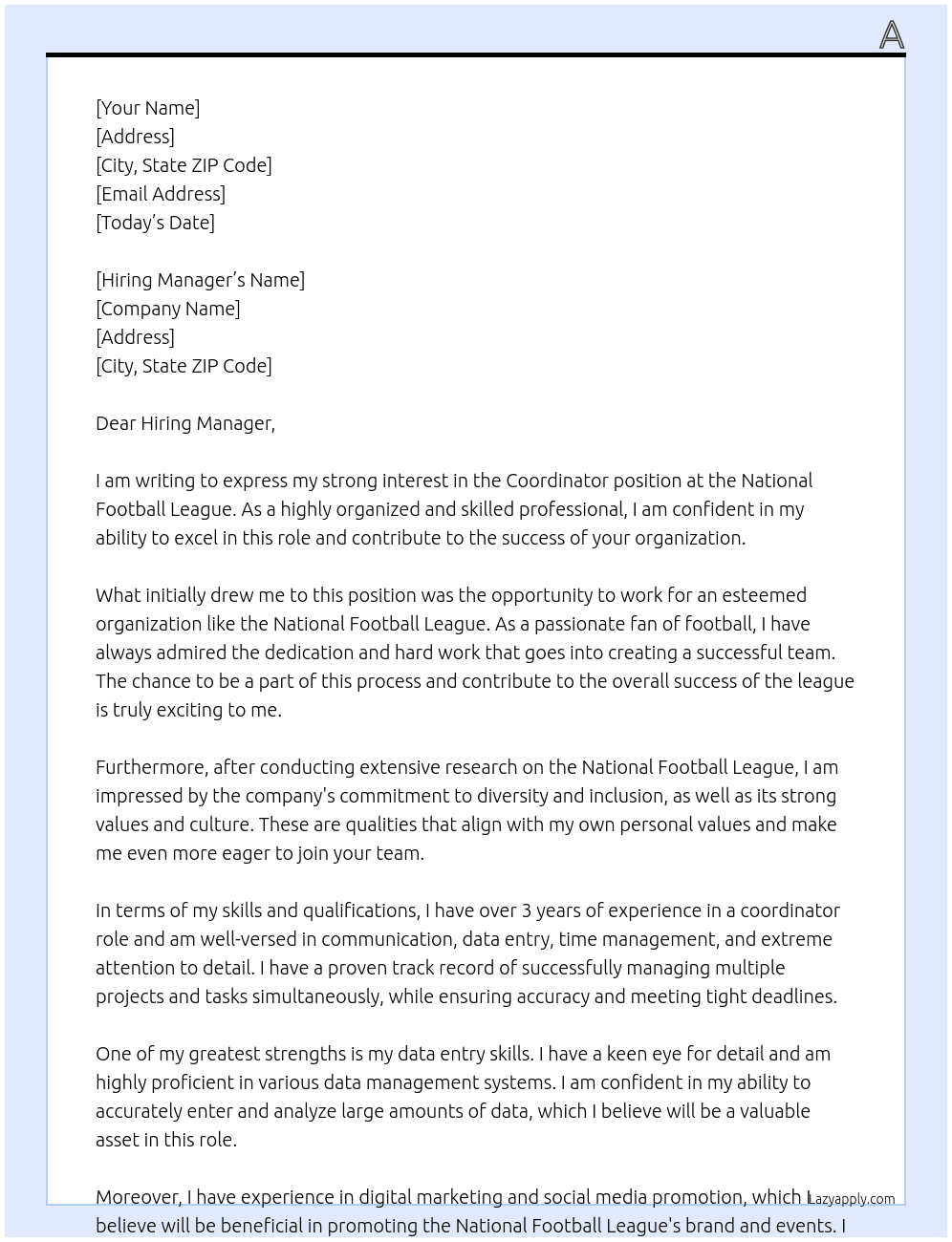 Coordinator At National Football League Cover Letter