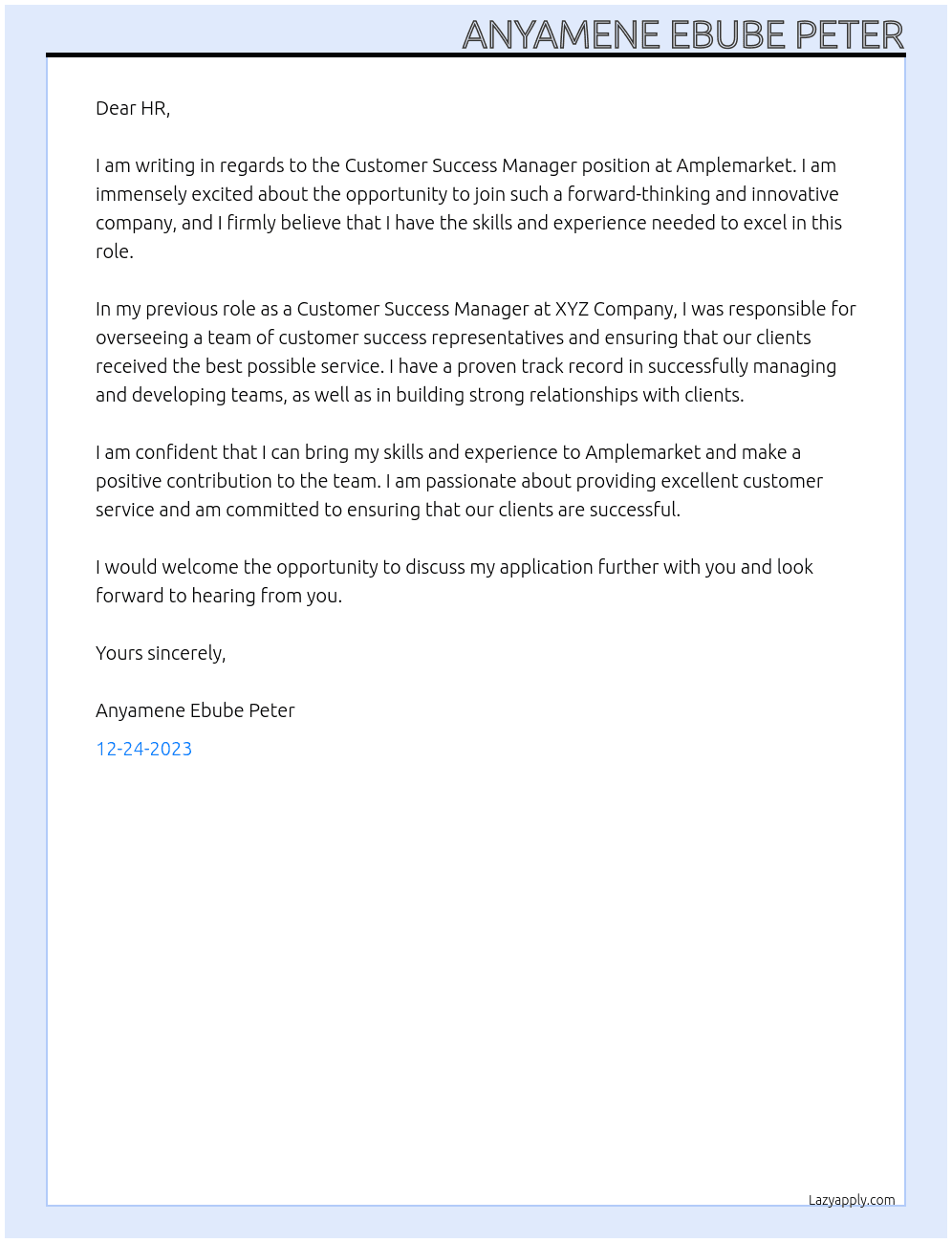 CUSTOMER SUCCESS MANAGER  At AMPLEMARKET Cover Letter