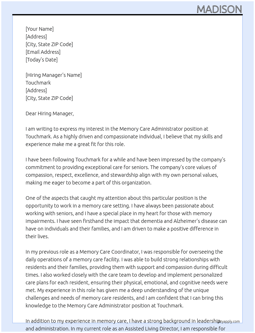 Memory Care Administrator At Touchmark Cover Letter