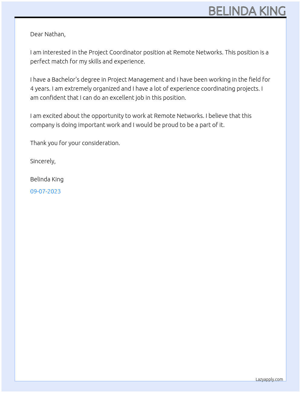 Project Coordiantor At Remote Networks Cover Letter