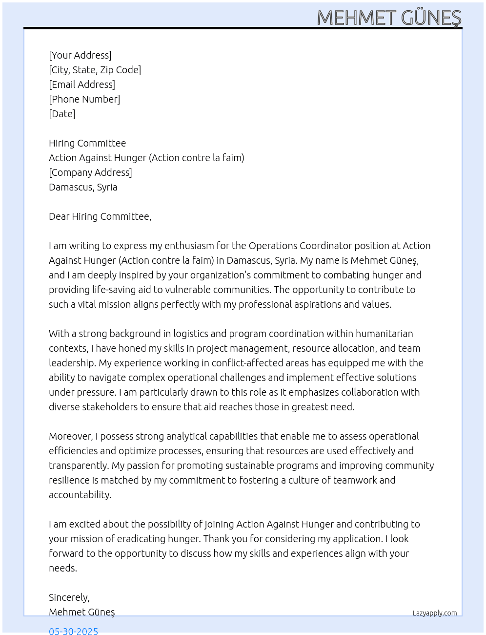 Cover letter for operations coordinator, damascus, syria - LazyApply
