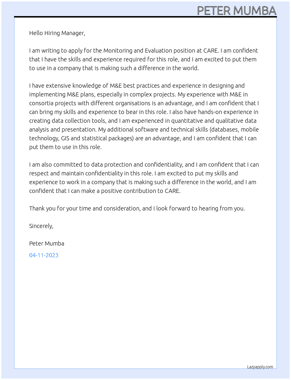 Monitoring and Evaluation  At CARE Cover Letter
