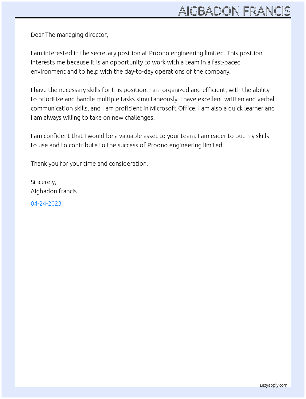 Secretary  At Proono engineering limited  Cover Letter