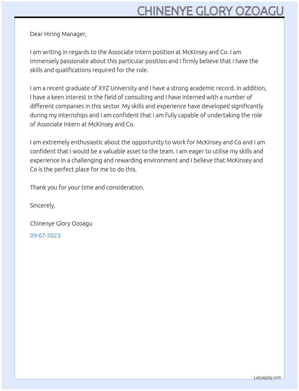 Associate Intern At McKinsey and Co Cover Letter