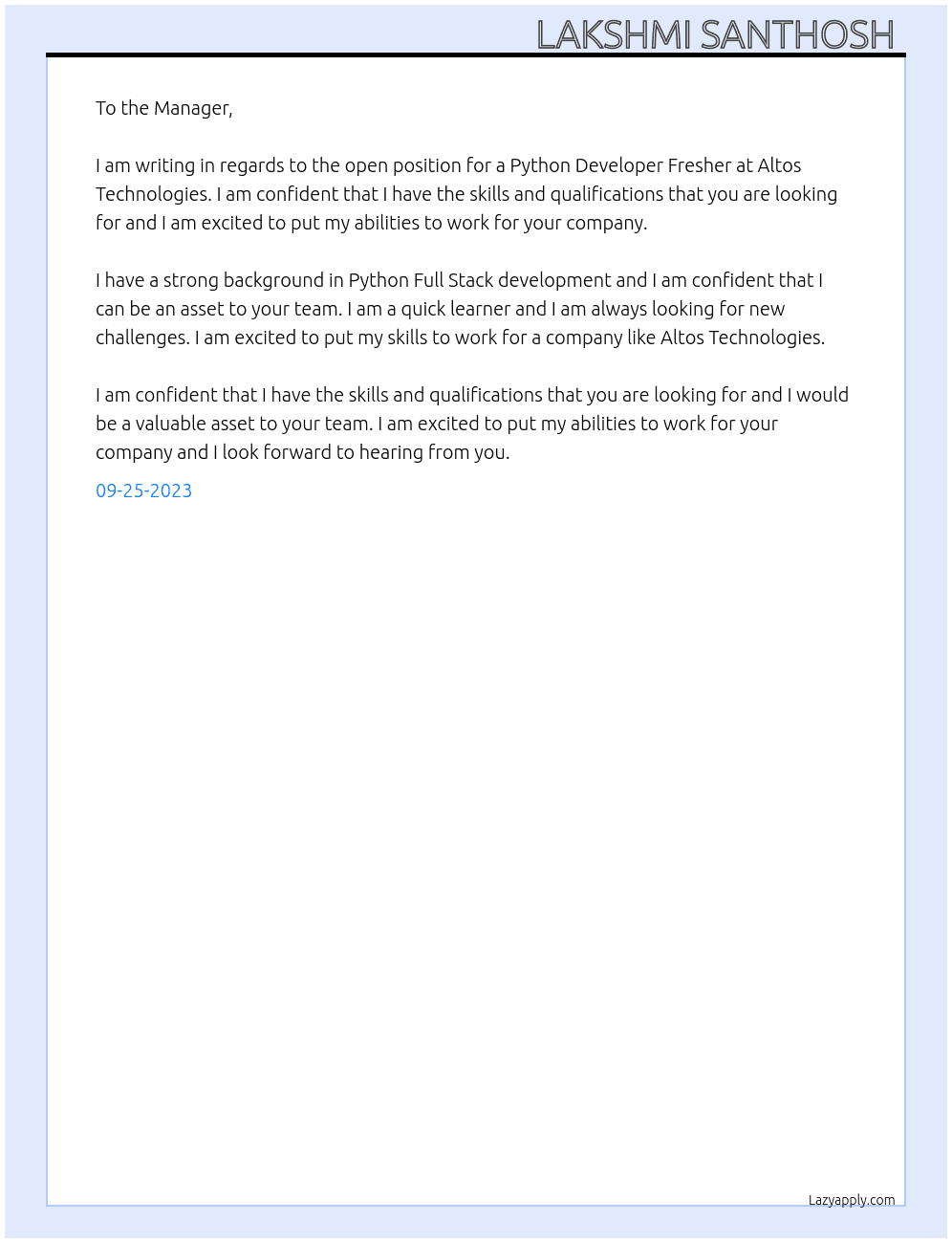 Cover letter for python developer fresher - LazyApply