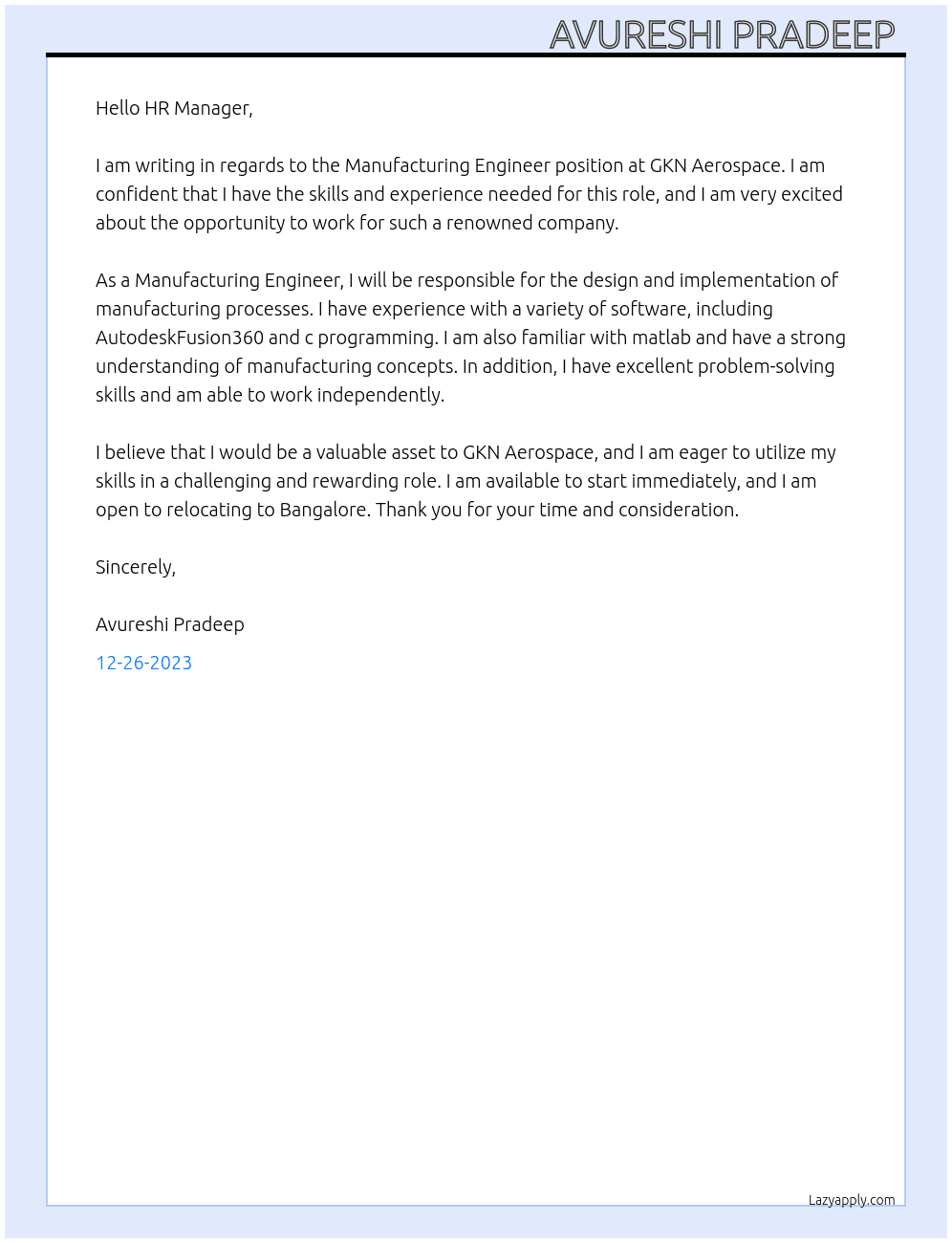 Manufacturing engineer At GKN aerospace  Cover Letter