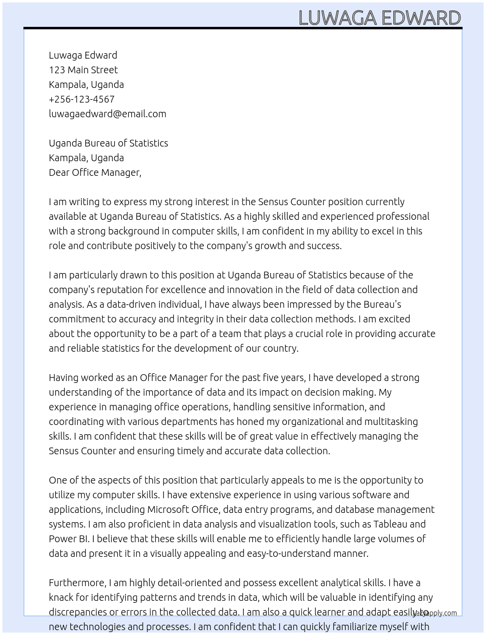 Sensus counter At Uganda Bureau of statistics Cover Letter