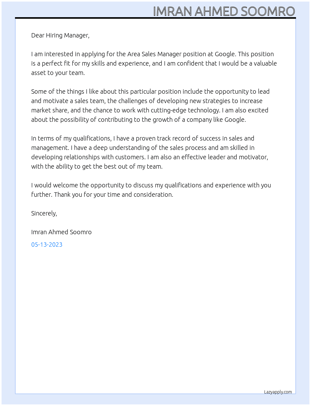 Area Sales Manager At Google  Cover Letter