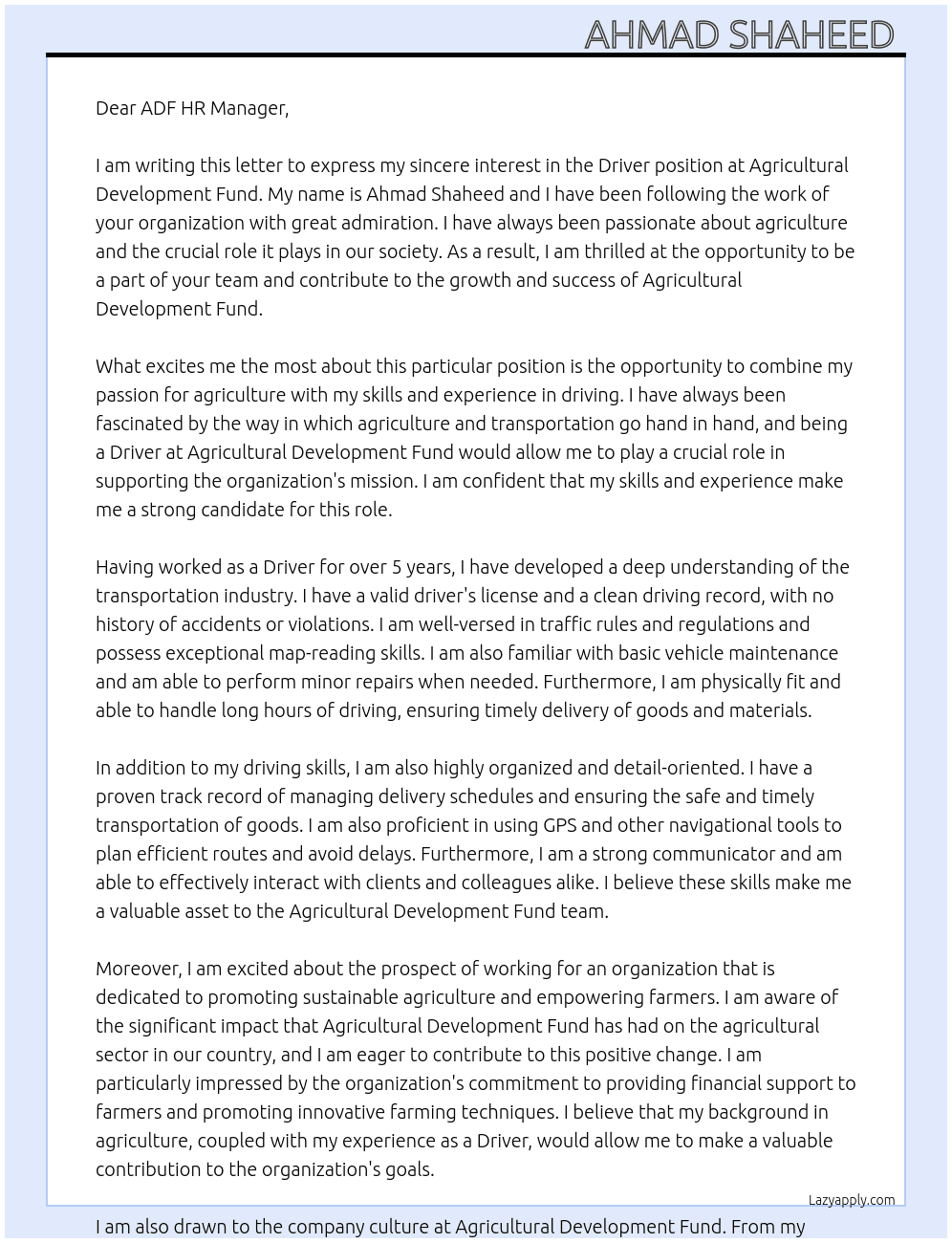 Driver  At Agricultural Development Fund Cover Letter