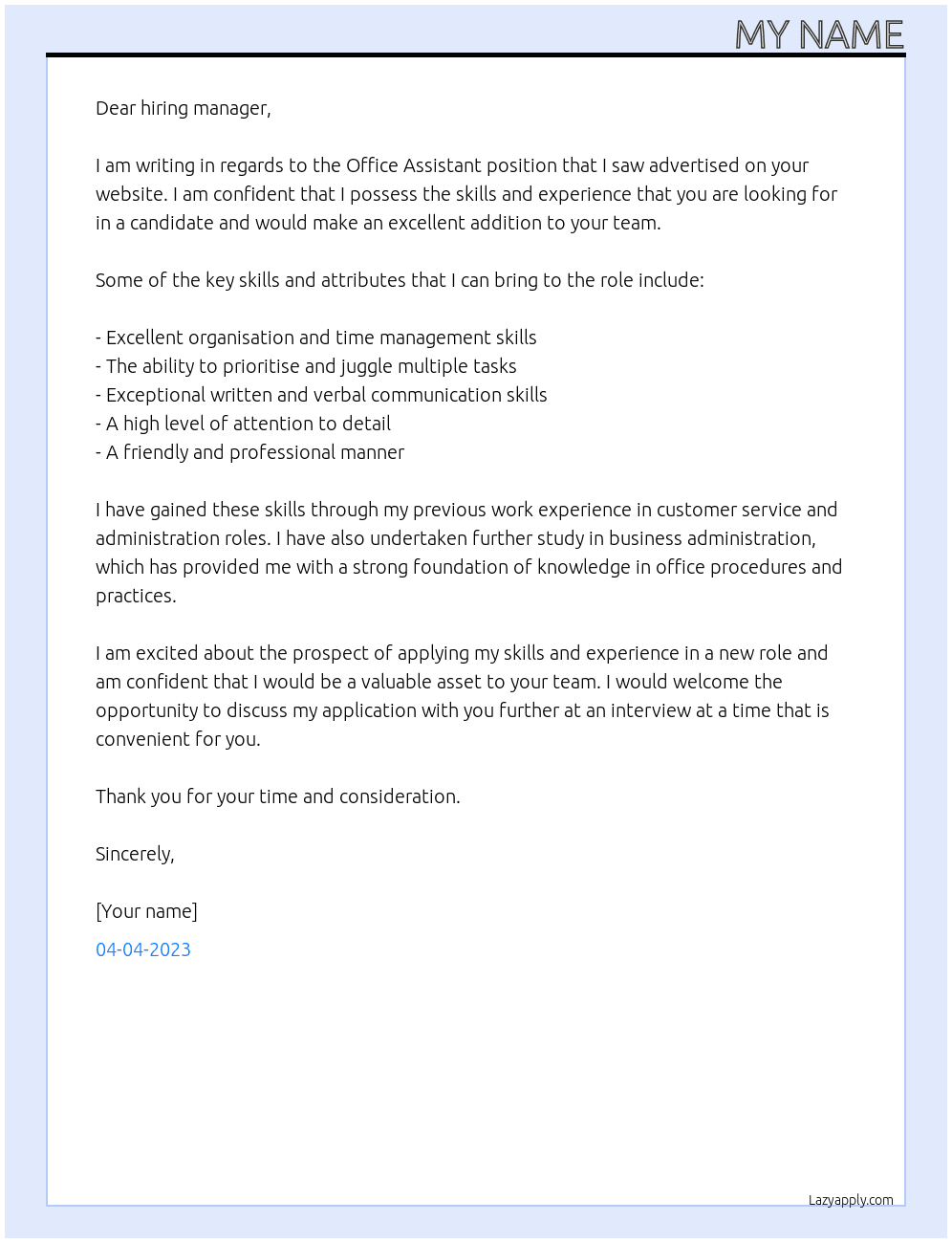 Office assistant  At There name  Cover Letter