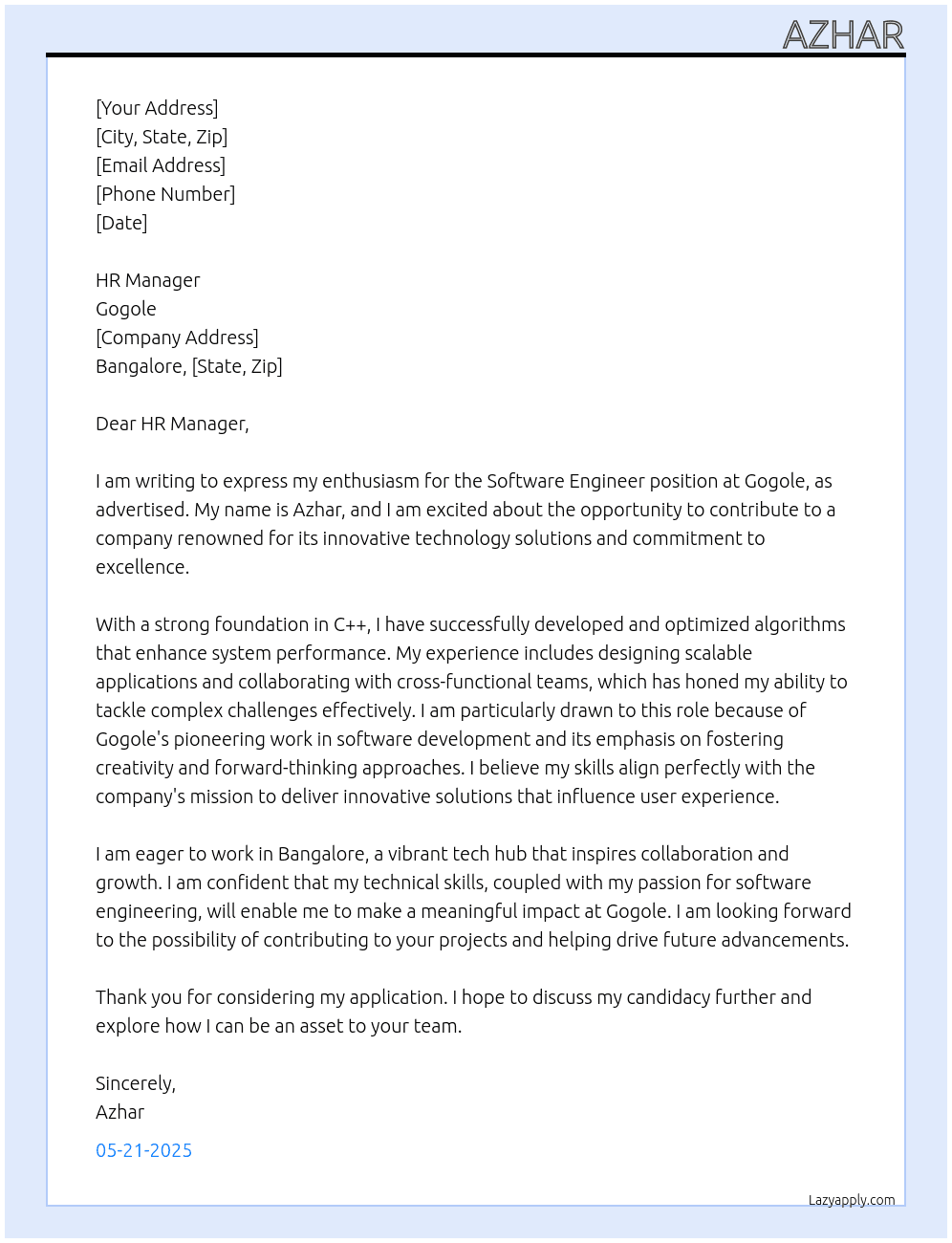 software engineer At gogole Cover Letter