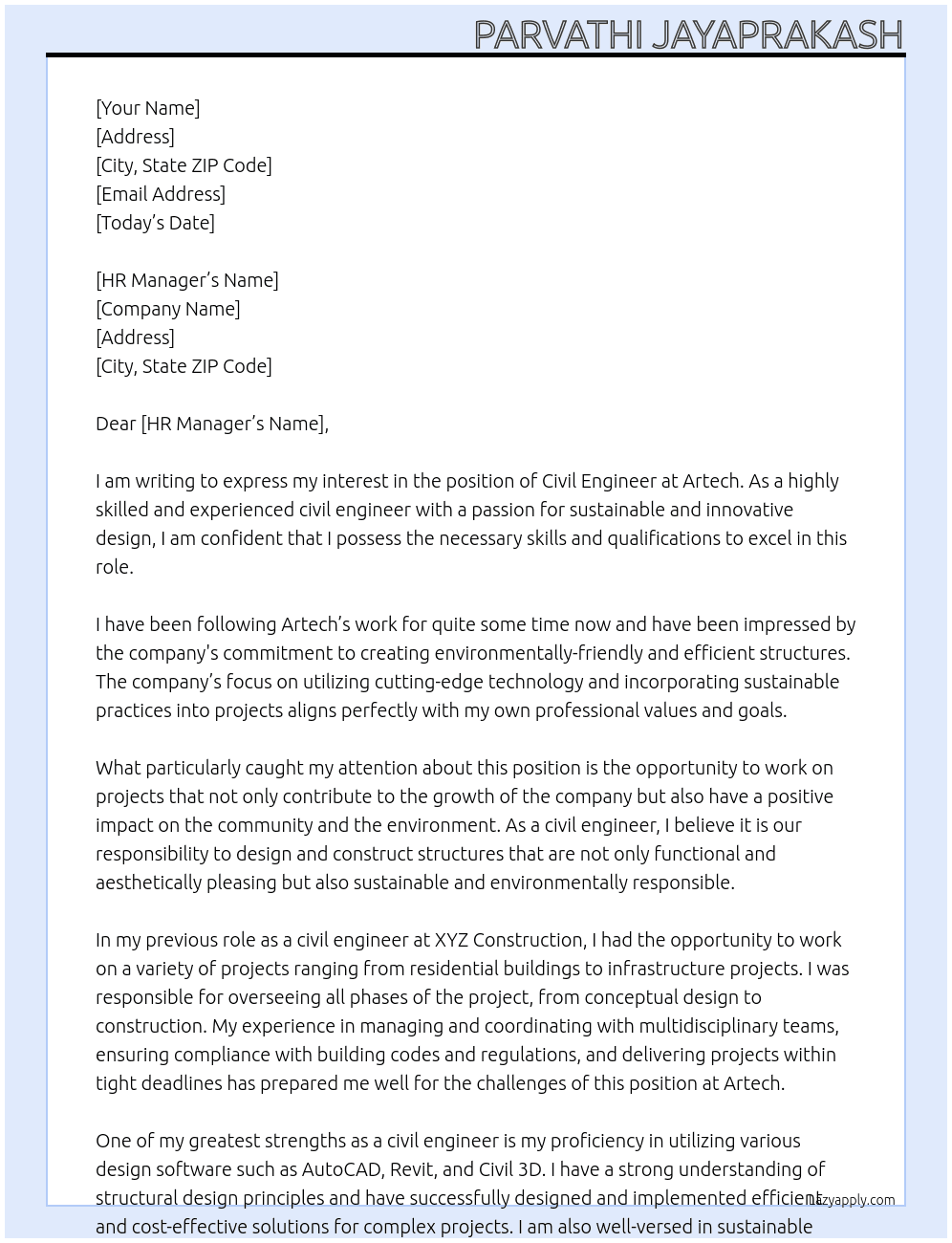 Civil Engineer At Artech Cover Letter