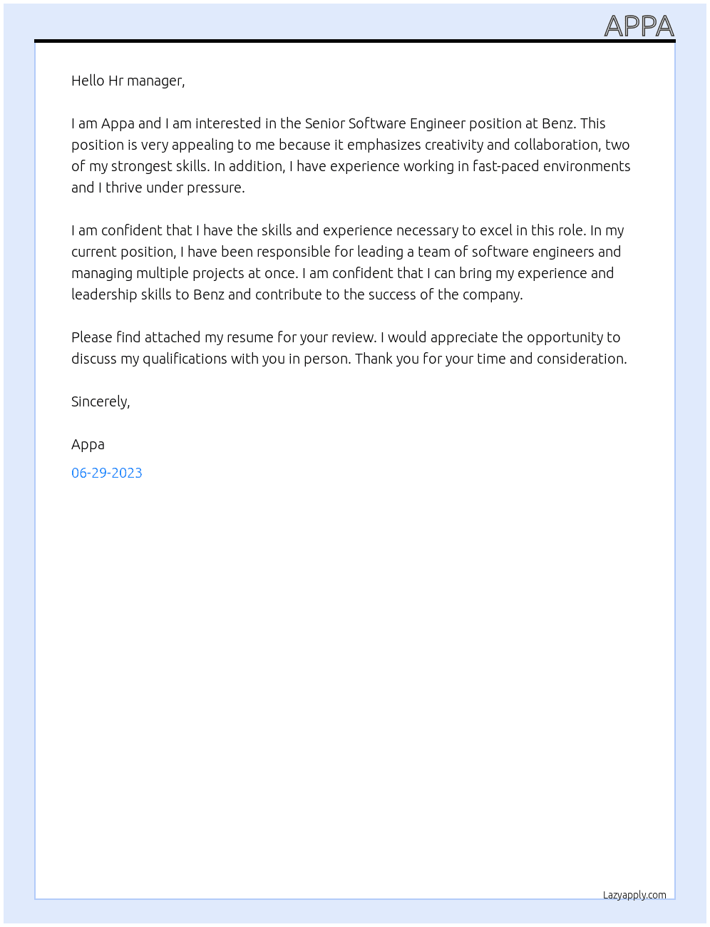 Senior Software Engineer At Benz Cover Letter