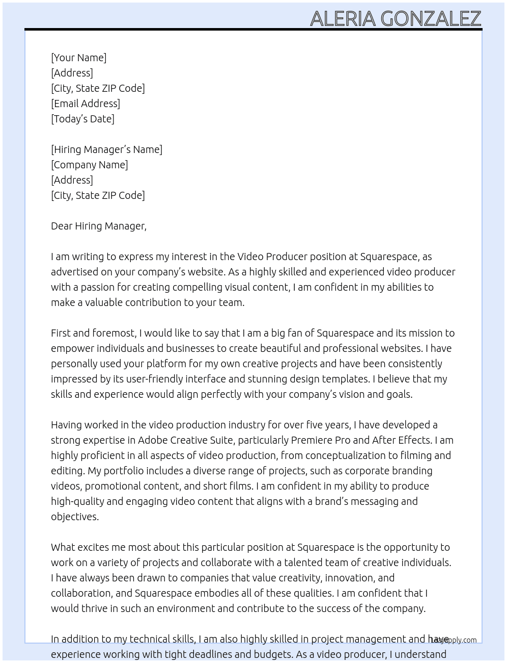 Video Producer At Squarespace Cover Letter