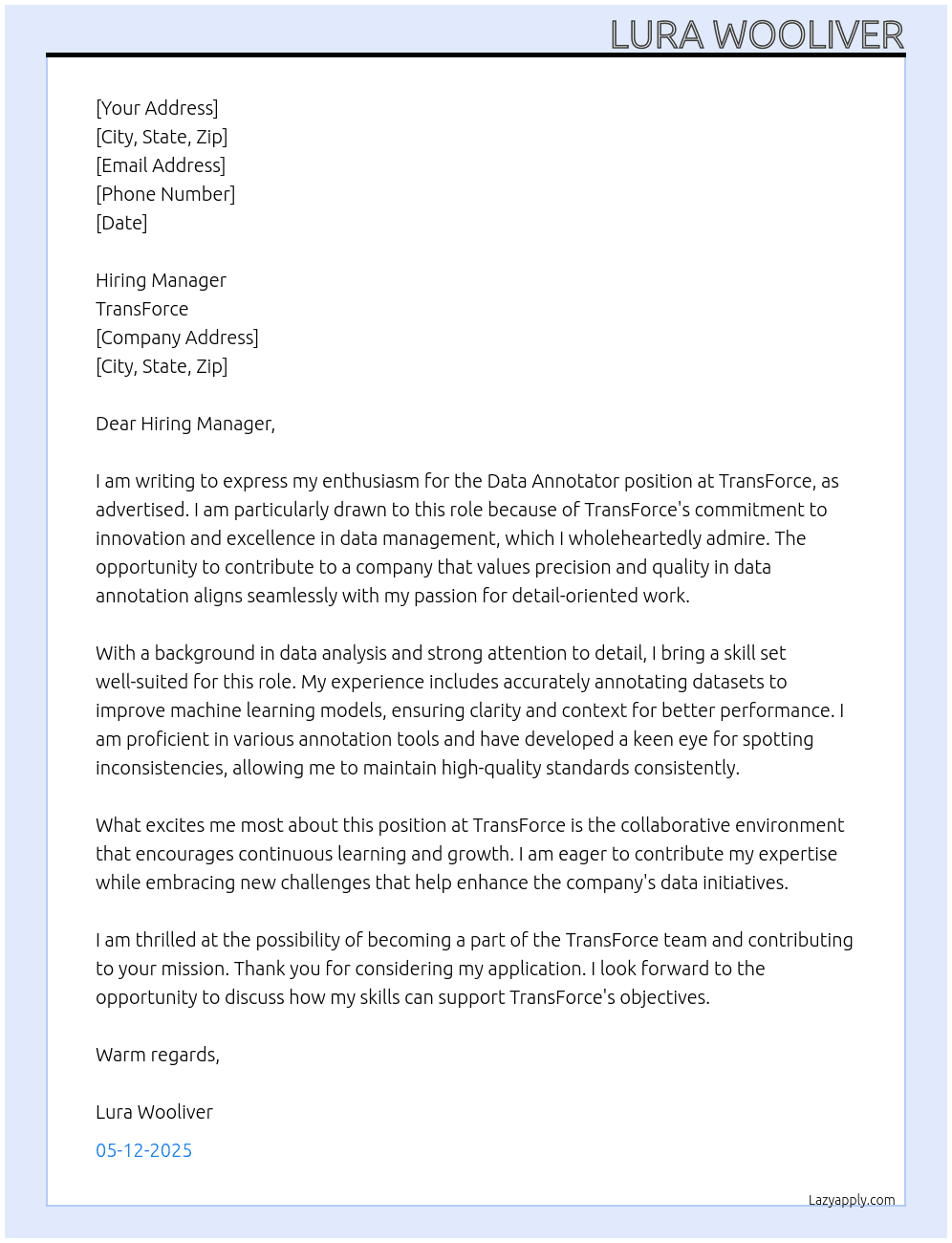 Data Annotator At TransForce Cover Letter