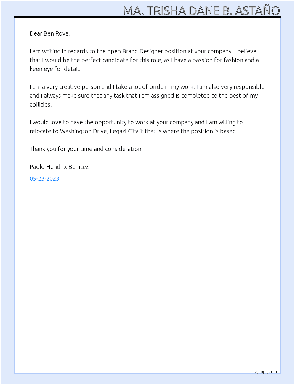 Brand Designer  At Ben Rova Cover Letter