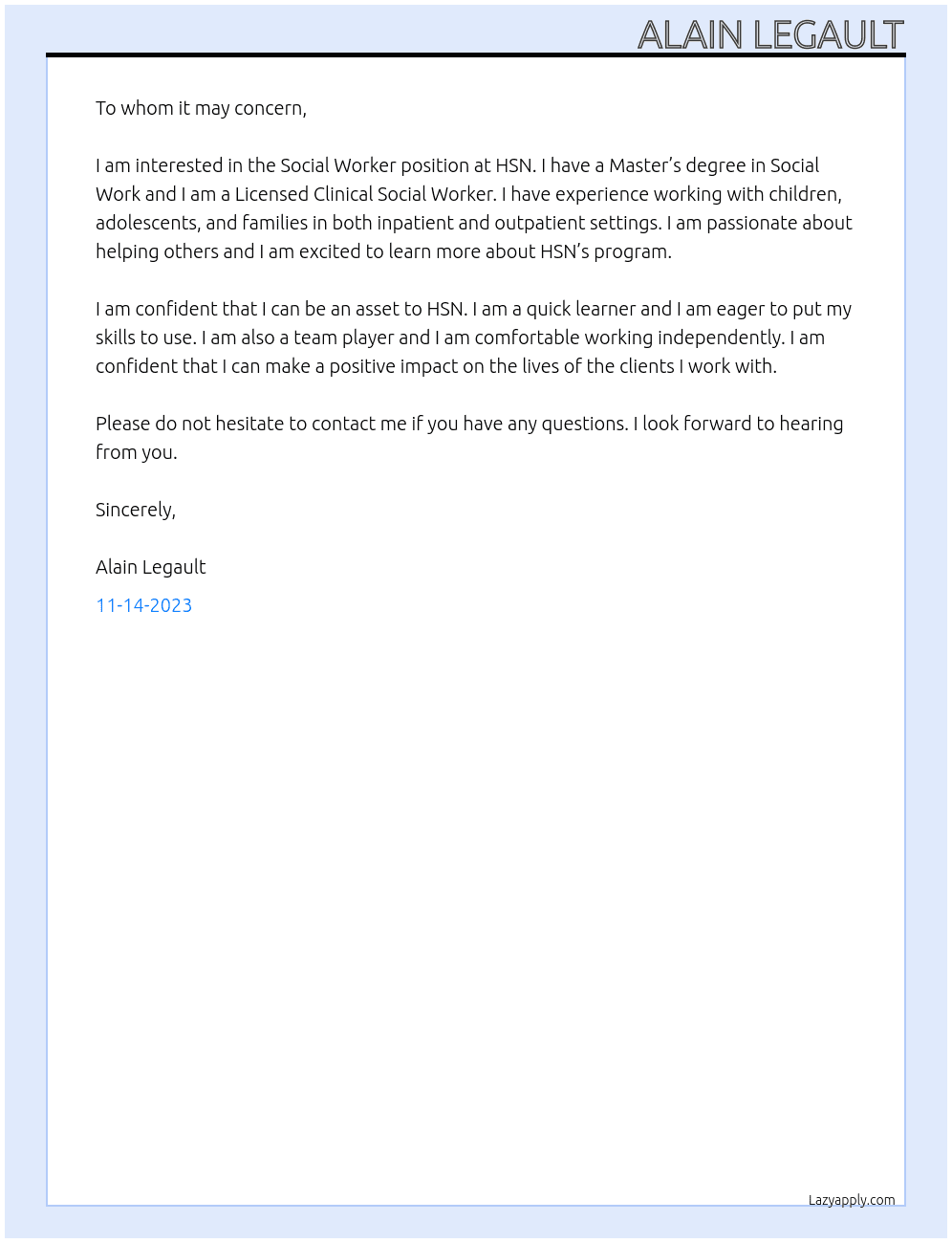Social Worker At HSN Cover Letter