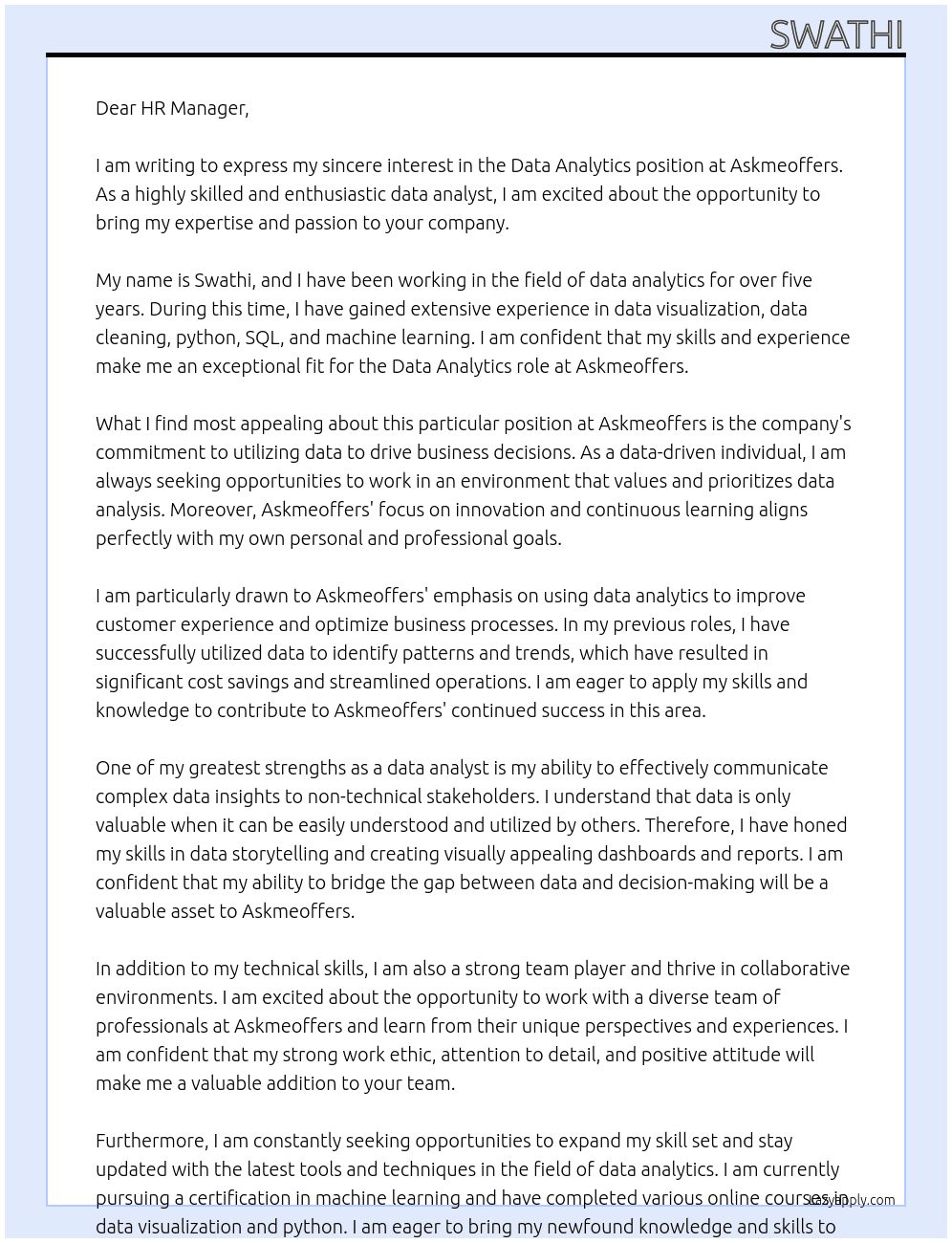 Data Analytics At Askmeoffers Cover Letter