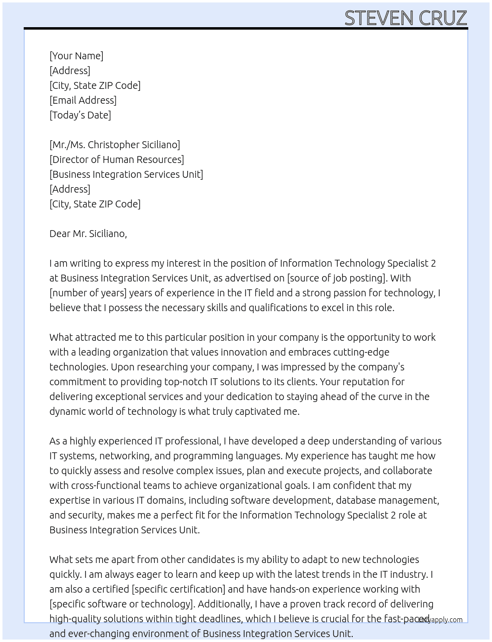 Information Technology Specialist 2 At Business Integration Services Unit Cover Letter