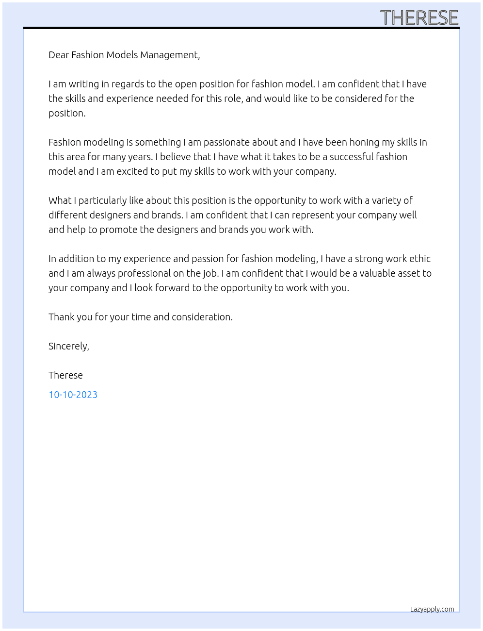 Fashion model  At Fashion Models Management  Cover Letter