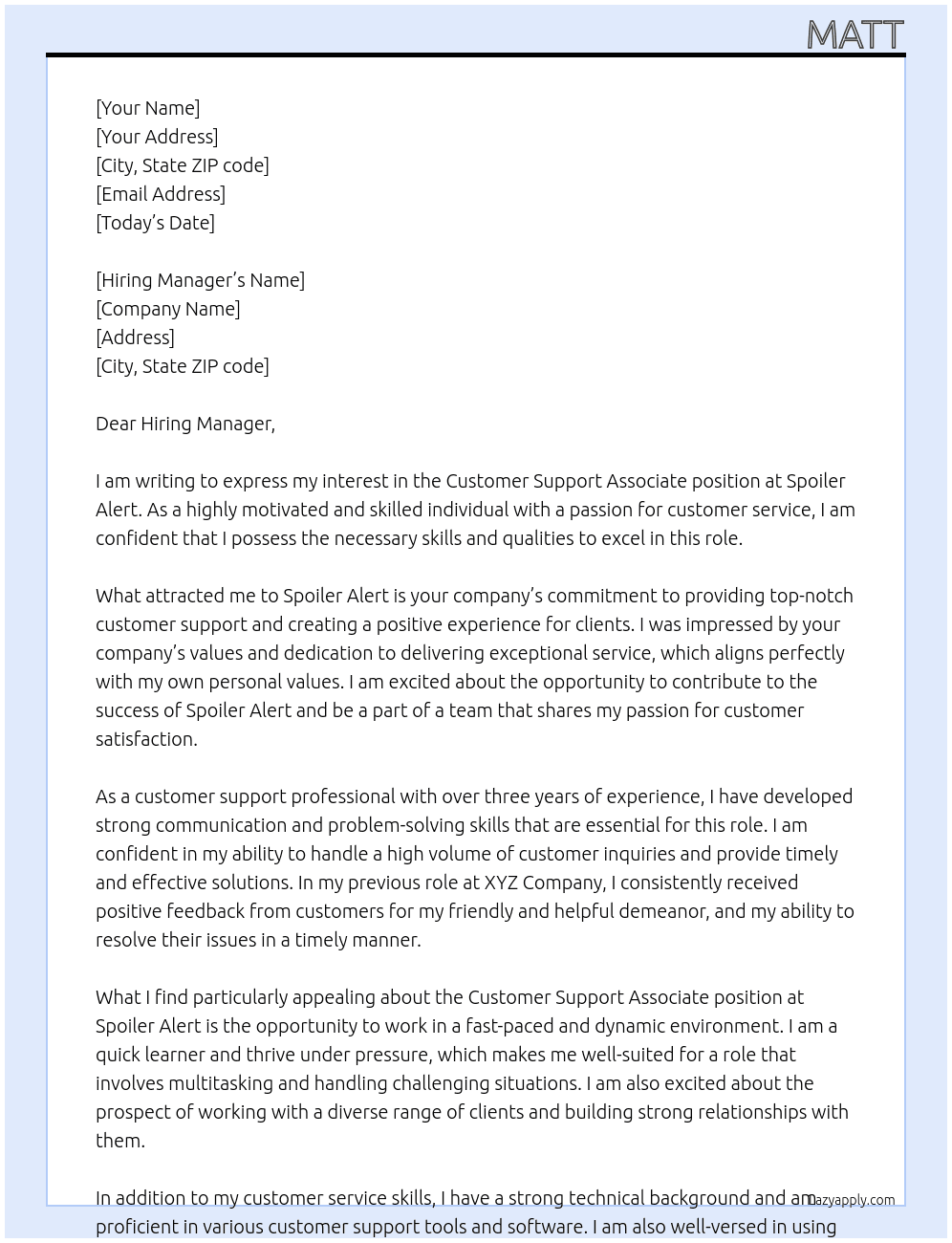 Customer Support Associate At Spoiler Alert Cover Letter