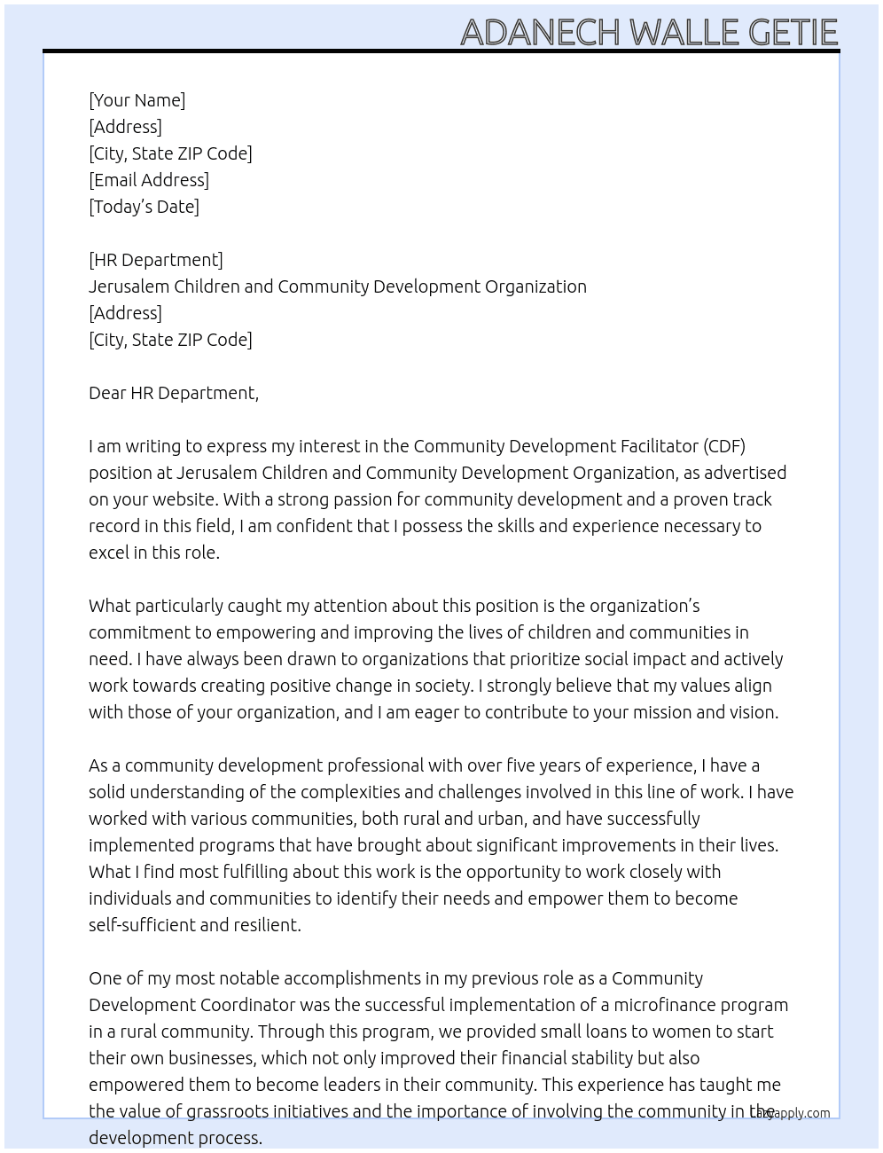 Community Development Facilitator (CDF) At Jerusalem Children and Community Development Organization Cover Letter