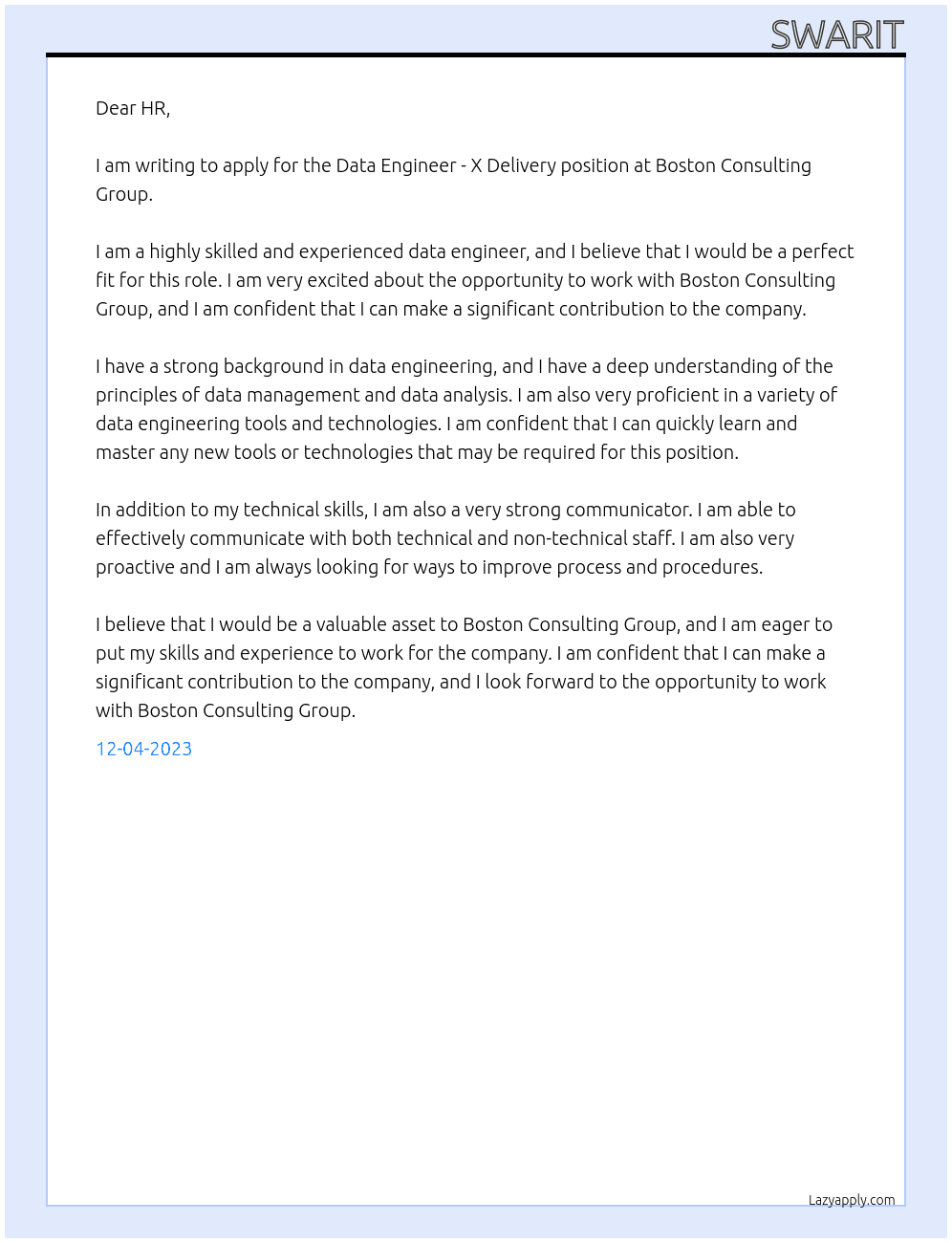 Data Engineer - X Delivery At Boston Consulting Group Cover Letter