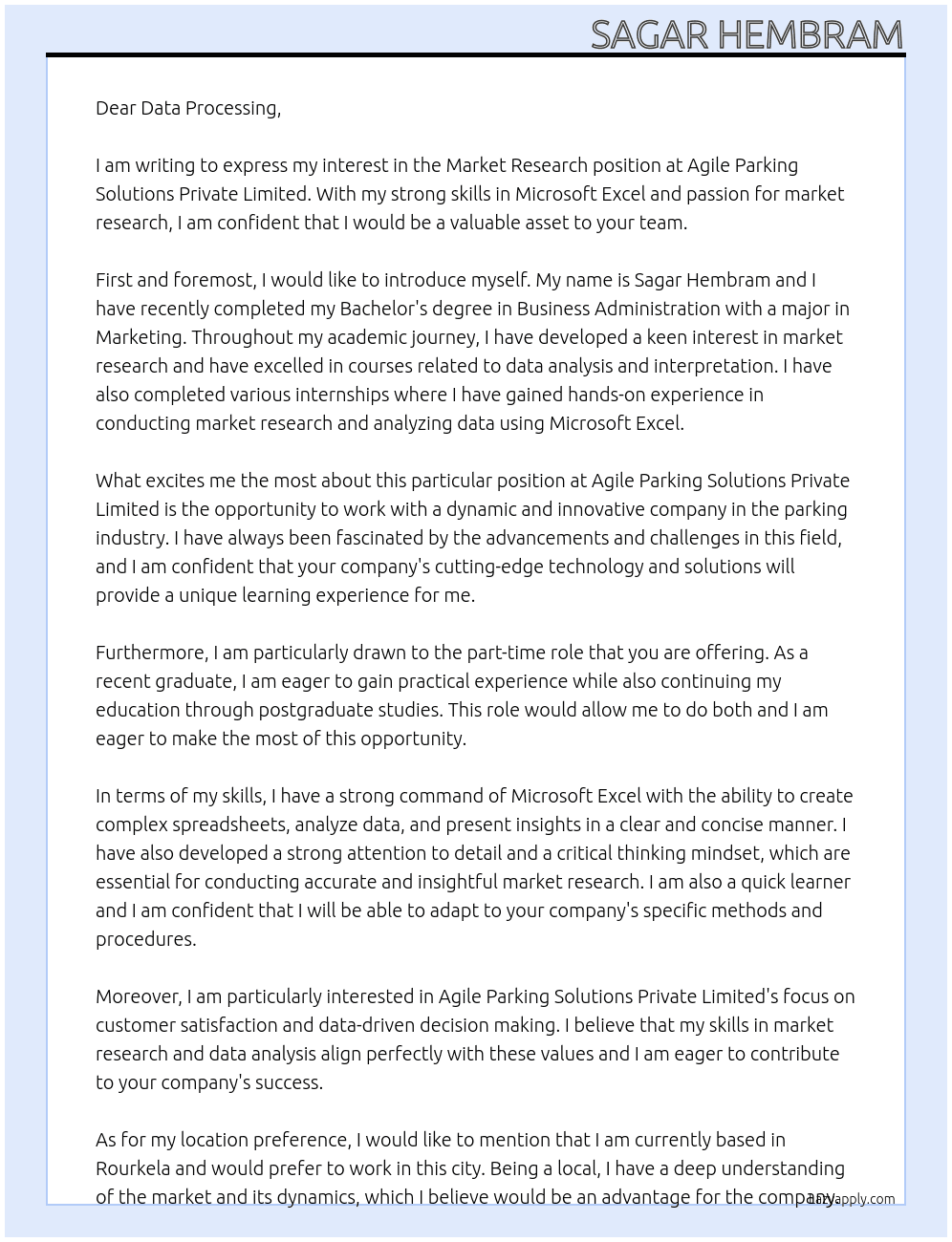 market research At Agile Parking Solutions Private Limited Cover Letter