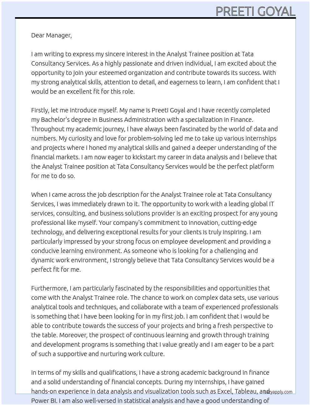 Analyst Trainee At Tata Consultancy Services Cover Letter