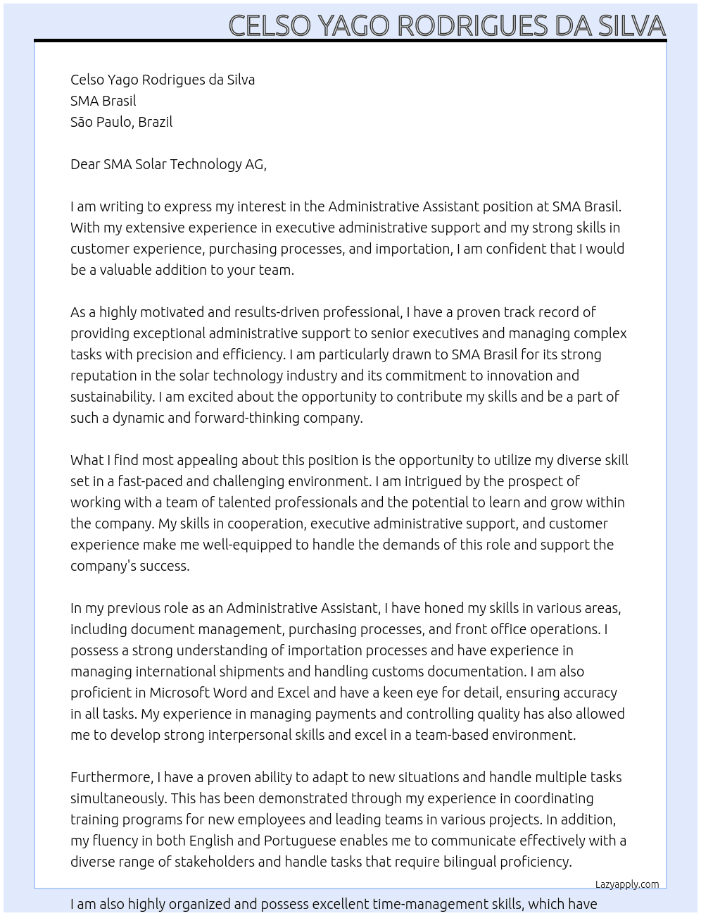Administrative assistant At SMA Brasil Cover Letter