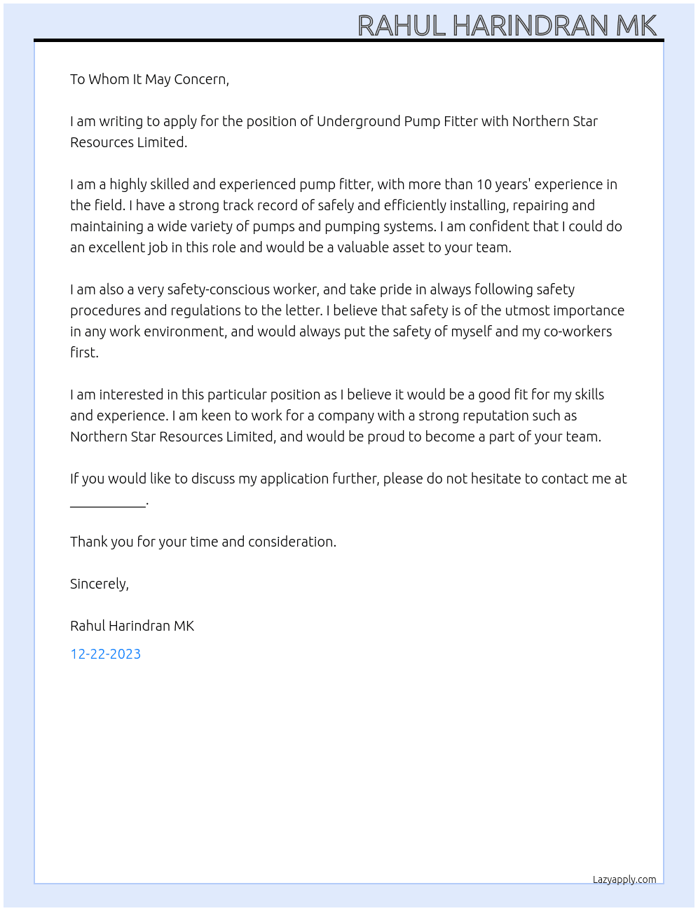 Underground pump fitter At Northern star resources limited  Cover Letter