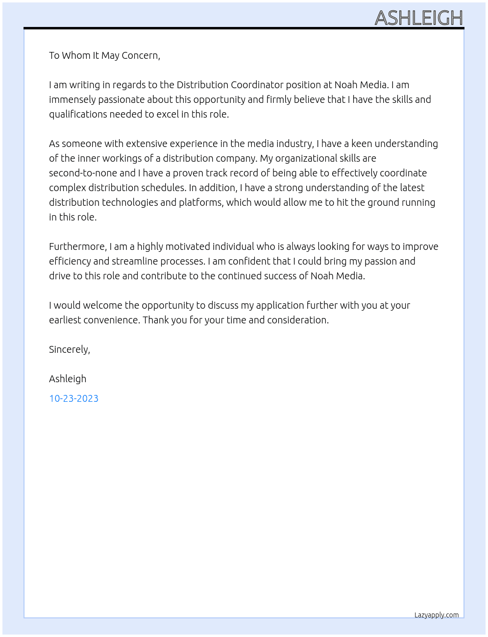 Distribution Co-ordinator At Noah Media Cover Letter